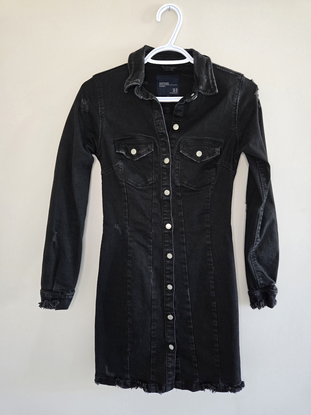 Zara Trafaluc vintage denim makers distressed fitted long sleeve button dress